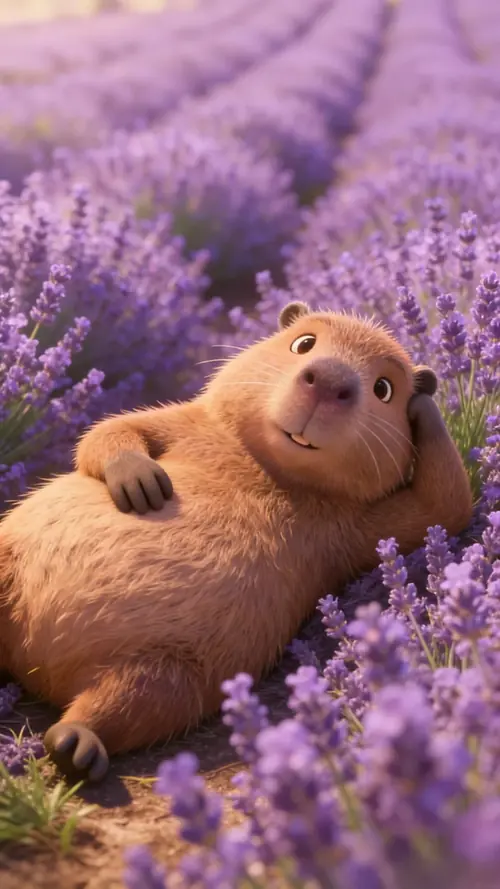 hinh khoa capybara cute ngo nghinh hop man hinh 3 Một chú capybara dễ thương đứng cạnh bó hoa trắng, bộ lông nâu ấm nổi trên nền xanh dịu.